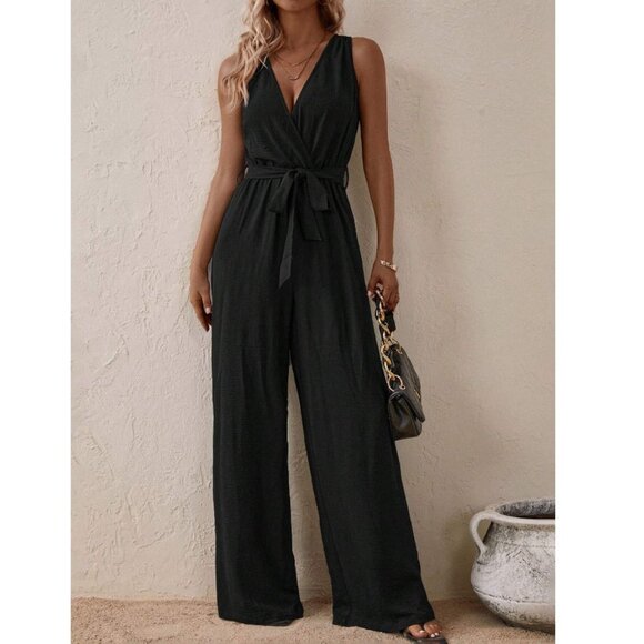 V neck jumpsuit boho black sleeveless tank tie waist belt